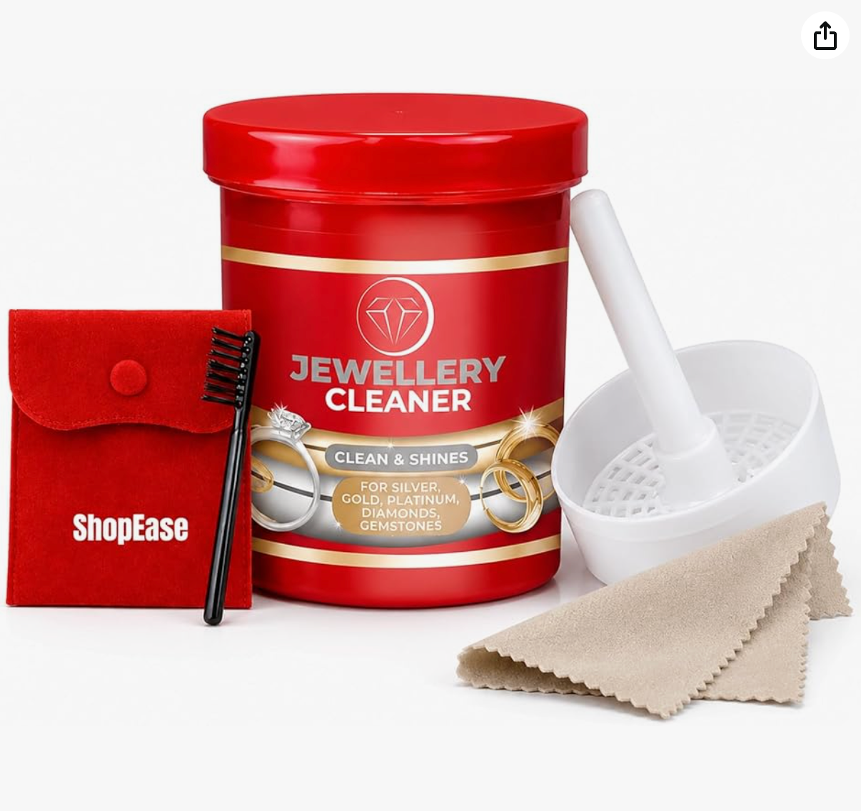 Mazal & Co. jewellery cleaner solution 145ml with polishing cloth and red velvet pouch for silver, gold, platinum, diamonds, and gemstones.