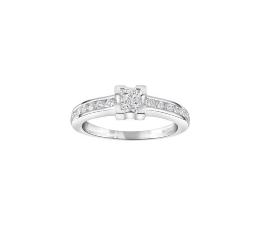 9ct white gold engagement ring with a 0.33ct princess cut diamond by Mazal & Co. showcasing the elegant design.